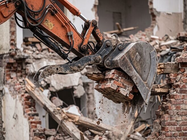 Demolition Crew NYC excavator working a residential teardown in Staten Island, NY
